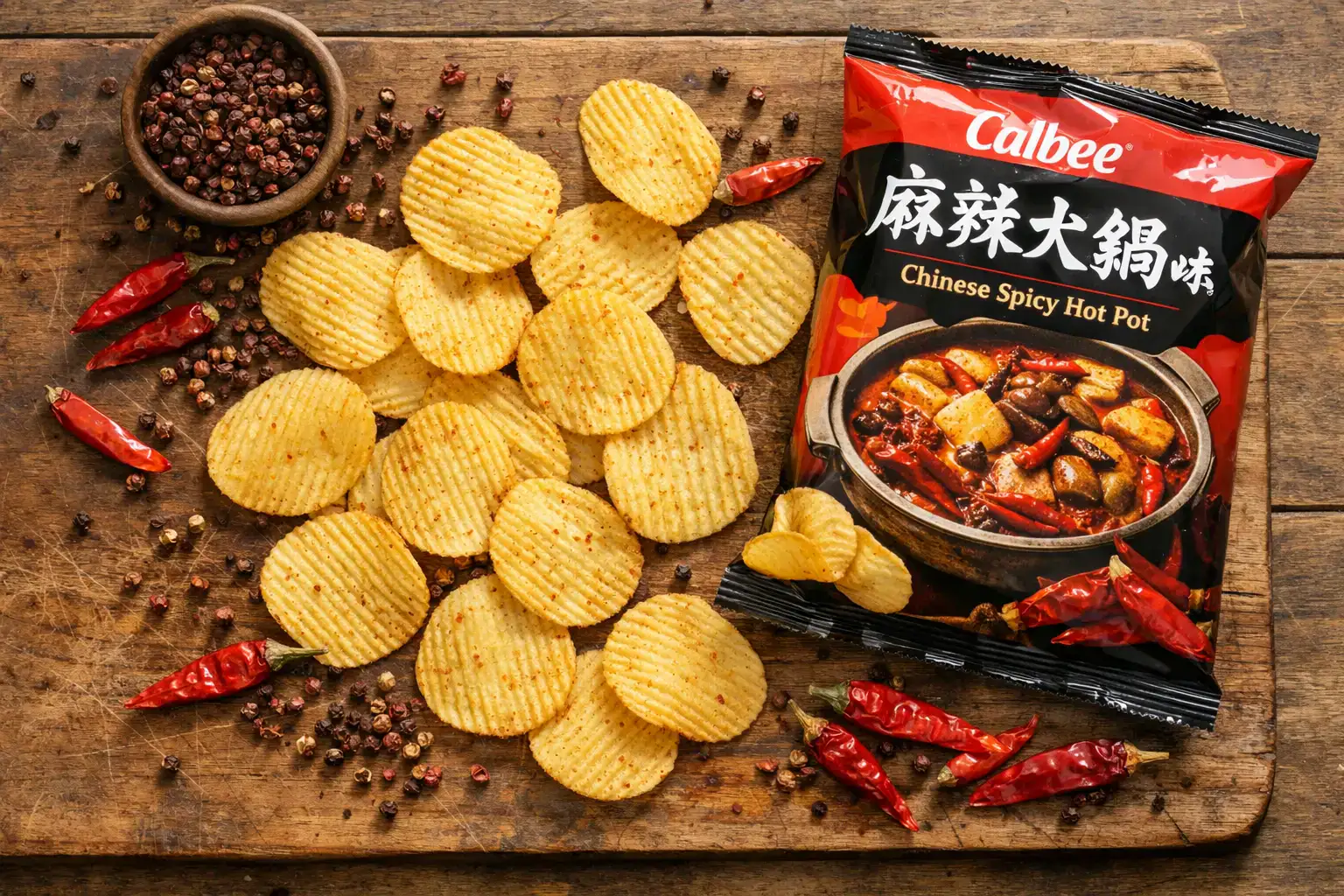 Calbee Chinese Spicy Hot Pot Chips frescas en mesa de madera rústica - 150 calorías por porción