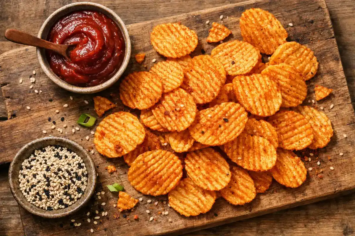 Calbee Korean Gochujang BBQ chips on rustic wooden table - 150 calories per 28g serving