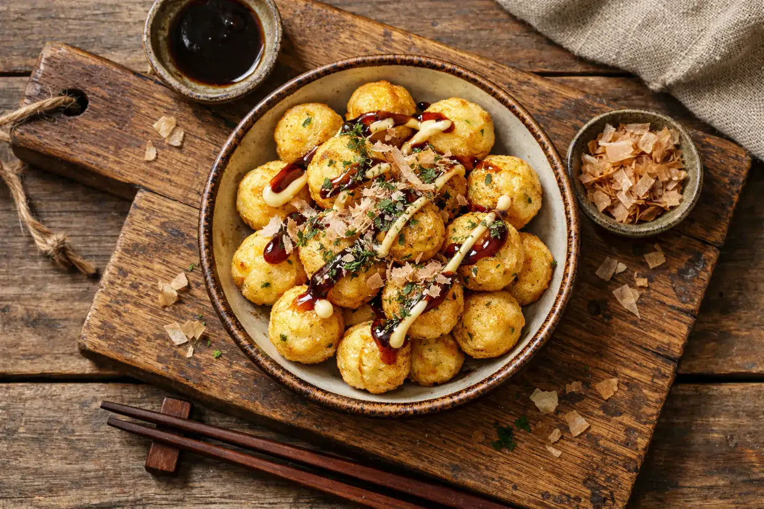 Snacks Calbee Takoyaki Ball corn puff sur table en bois rustique - 140 calories par portion