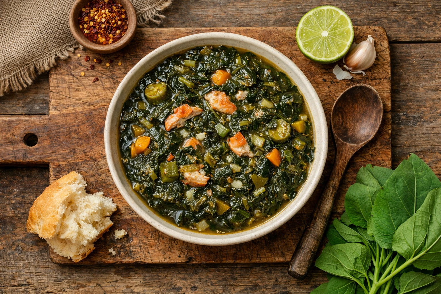 Callaloo frais des Caraïbes sur table en bois rustique - 25 calories pour 100 g