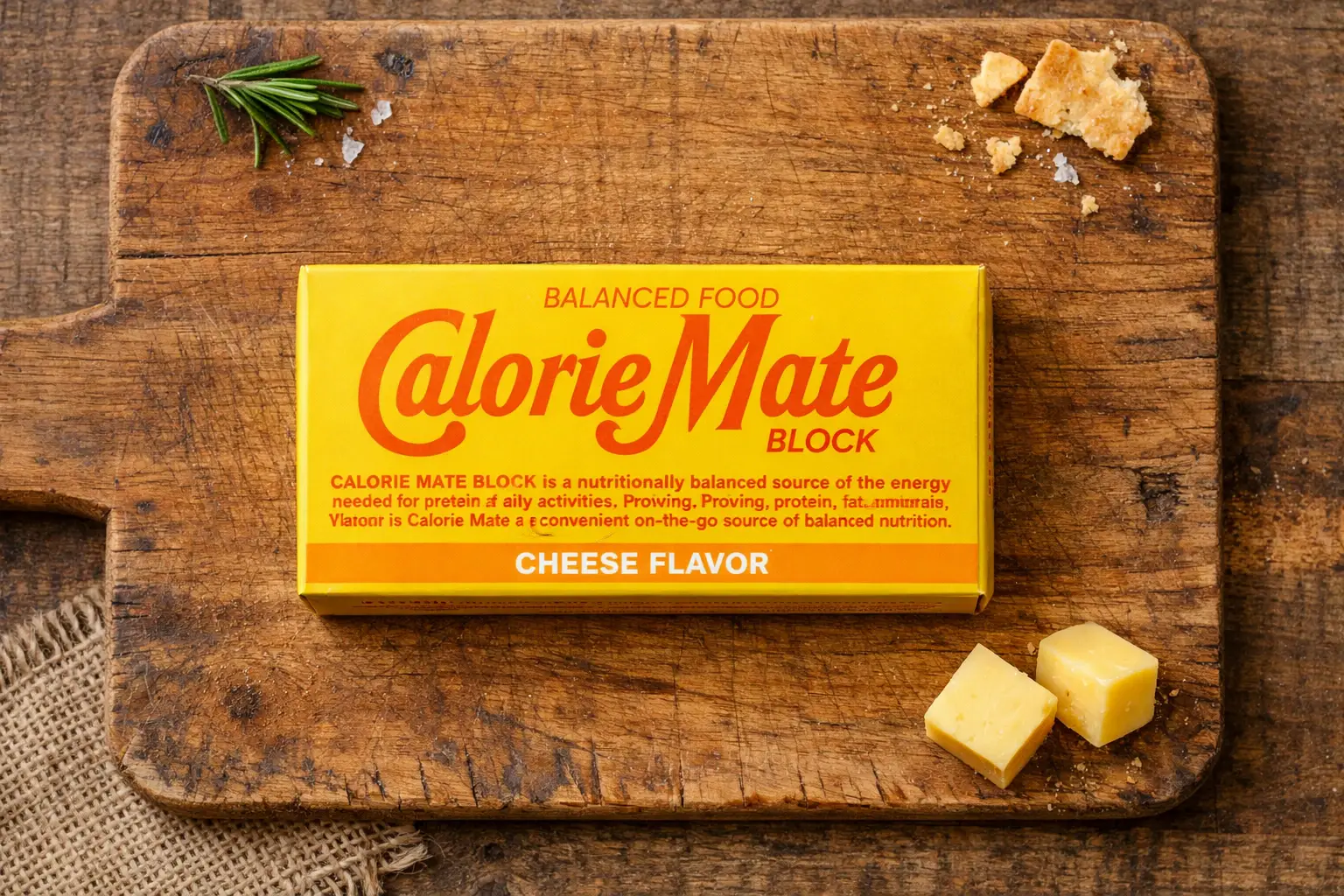 Calorie Mate Block sabor queso sobre mesa de madera rústica - 200 calorías por 2 bloques