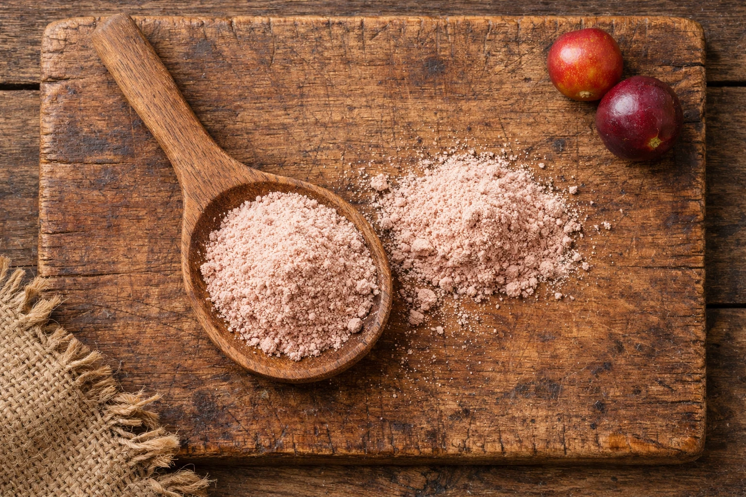 Poudre de camu camu dans une cuillère en bois - 17 calories par cuillère à café