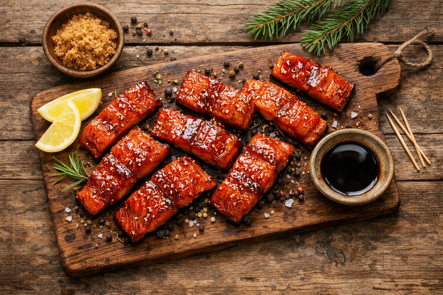 रस्टिक वुडन टेबल पर फ्रेश कैंडीड सैल्मन - 100g में 250 कैलोरी