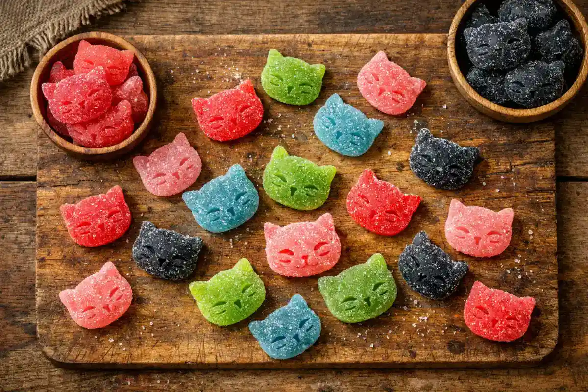 Candy Kittens Smittens vegane Gummibärchen auf rustikalem Holztisch – 348 Kalorien pro 100 g