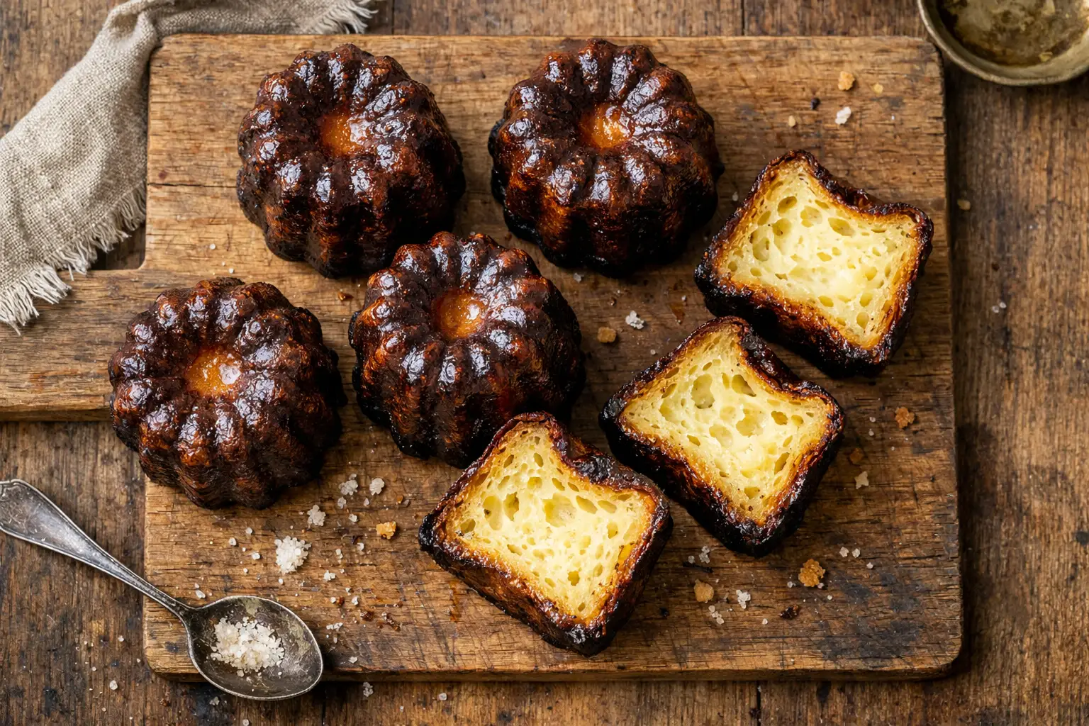 Fresh canelé de Bordeaux on rustic wooden table - 150 calories per piece