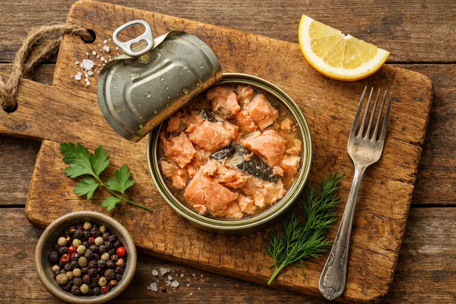 Frischer Dosenlachs aus Alaska auf rustikalem Holztisch - 136 Kalorien pro 100 g Portion