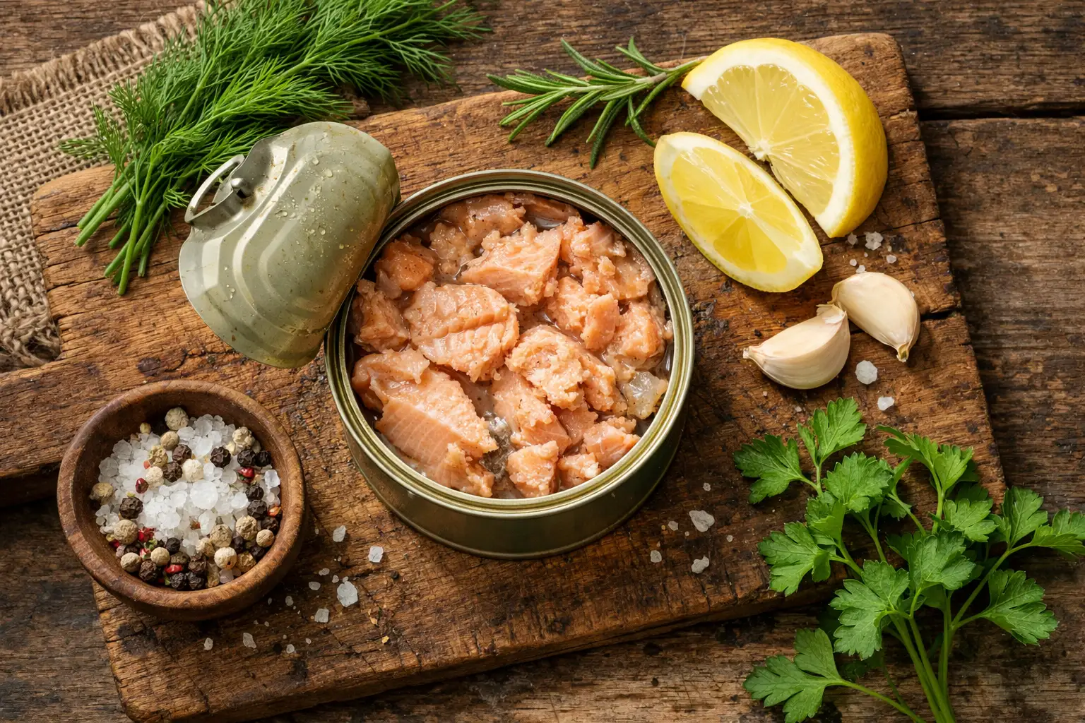 Fresh canned Alaskan salmon on rustic wooden table - 130 calories per 85g serving