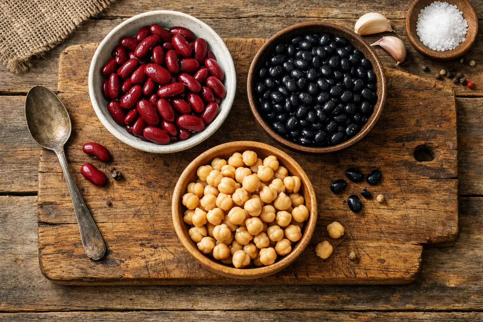 Frische Dosenböhnen auf rustikalem Holztisch – 120 Kalorien pro halber Tasse