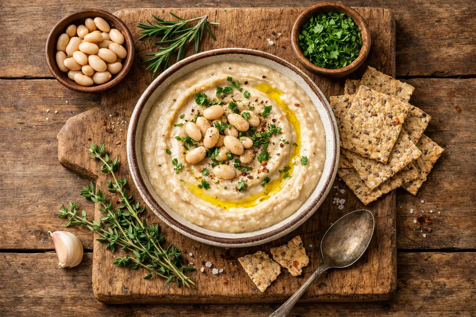 Fresh cannellini bean dip on rustic wooden table - 80 calories per 2 tbsp serving