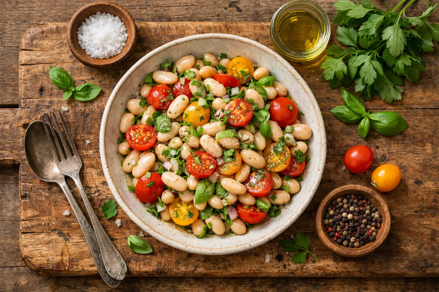 Frischer Cannellini-Bohnensalat auf rustikalem Holztisch – 120 kcal pro 100 g