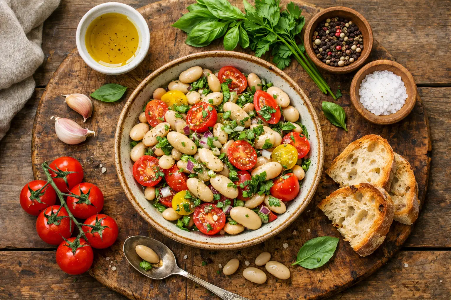 Fresh cannellini bean salad on rustic wooden table - 120 calories per 100g