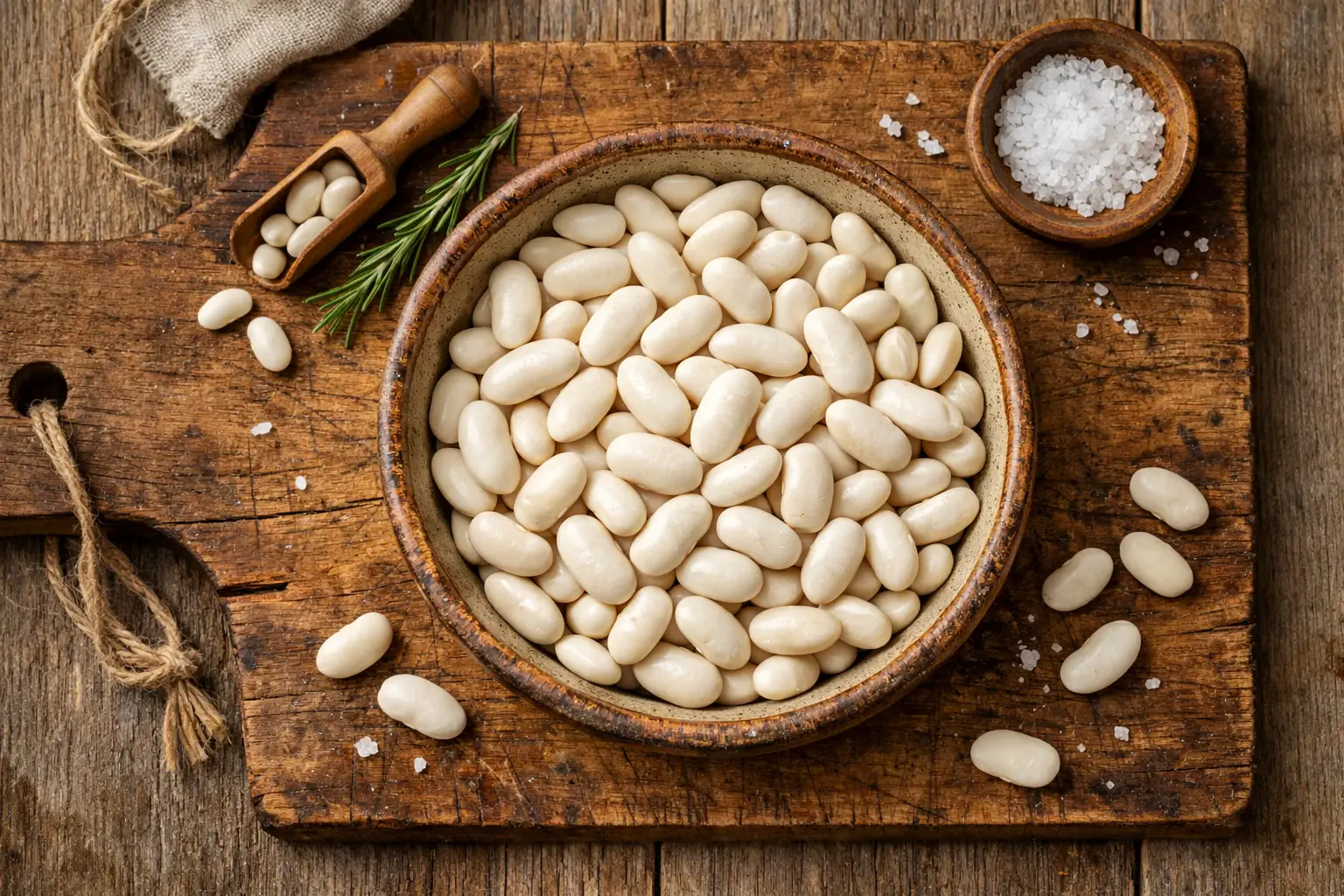 Fresh cannellini beans on rustic wooden table - 110 calories per half cup