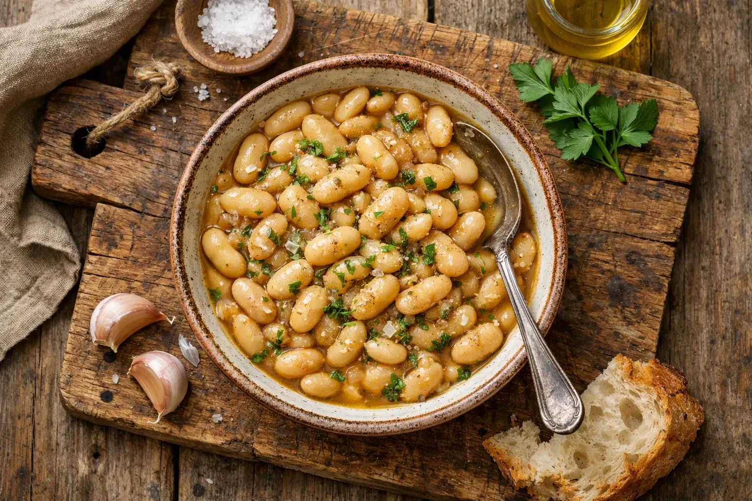 Fresh cooked cannellini beans on rustic wooden table - 127 calories per 100g