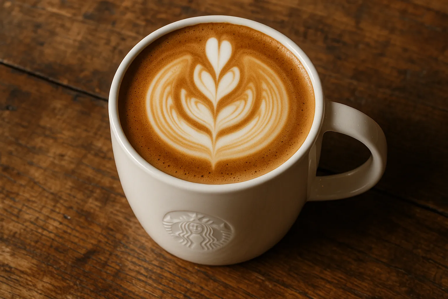 Fresh cappuccino on rustic wooden table - 140 calories per Grande (16 oz)