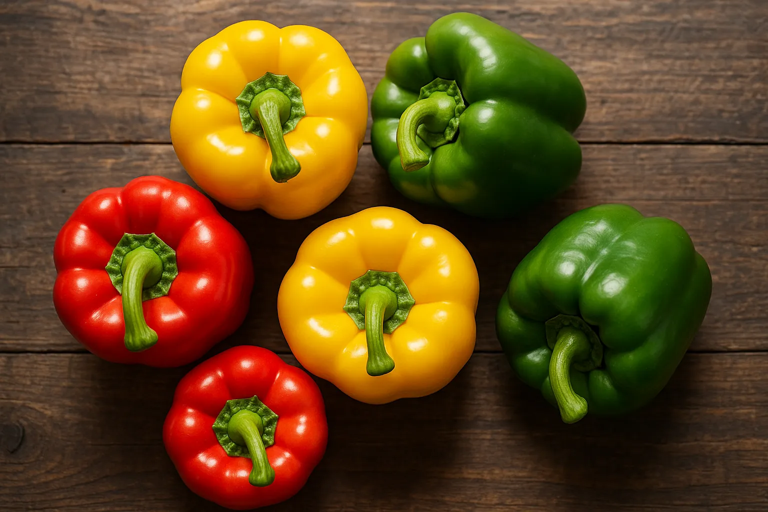 Pimientos capsicum frescos sobre mesa de madera rústica - 31 calorías por 100 g