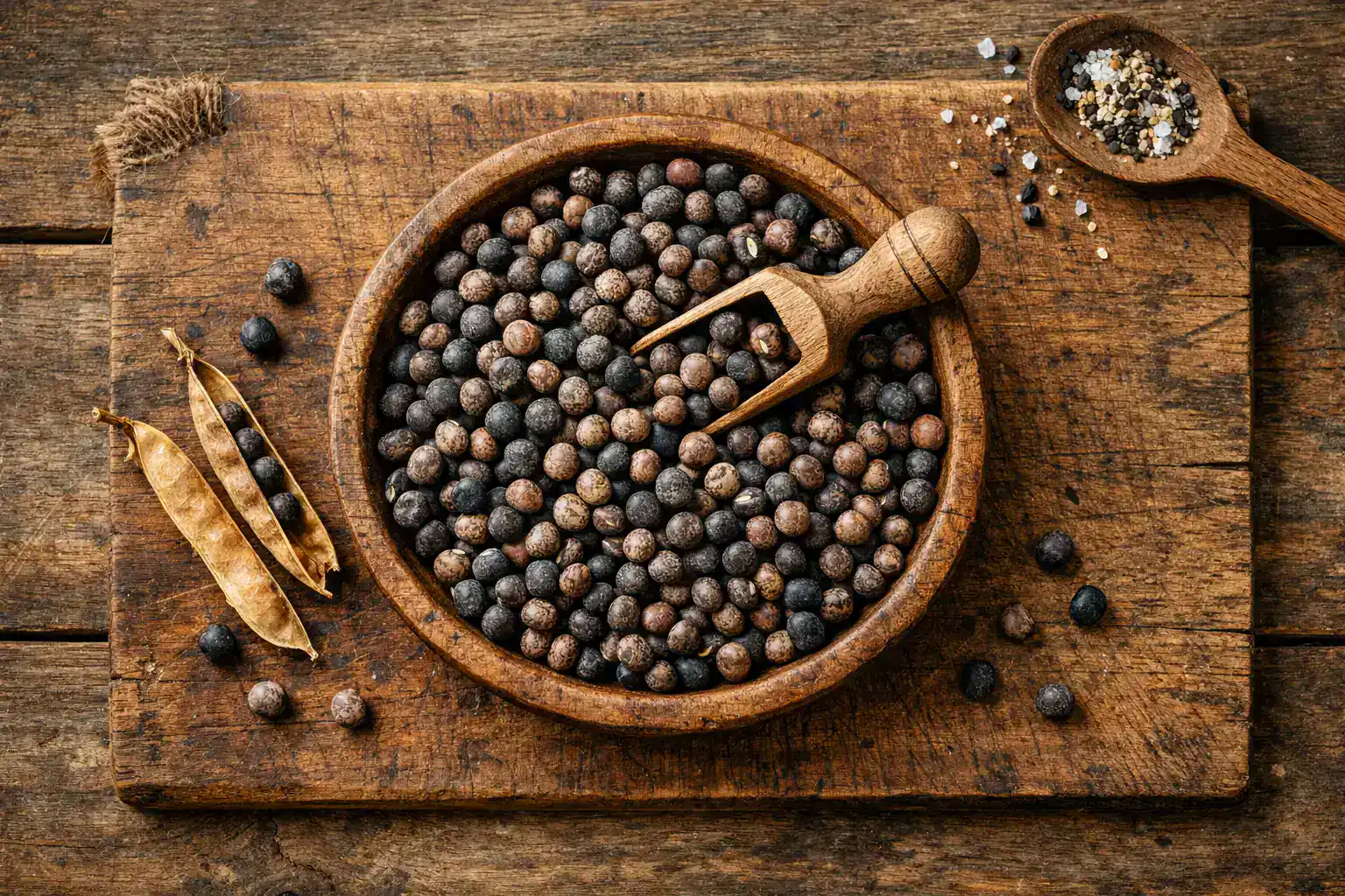 Fresh carlin peas on rustic wooden table - 120 calories per 100g serving