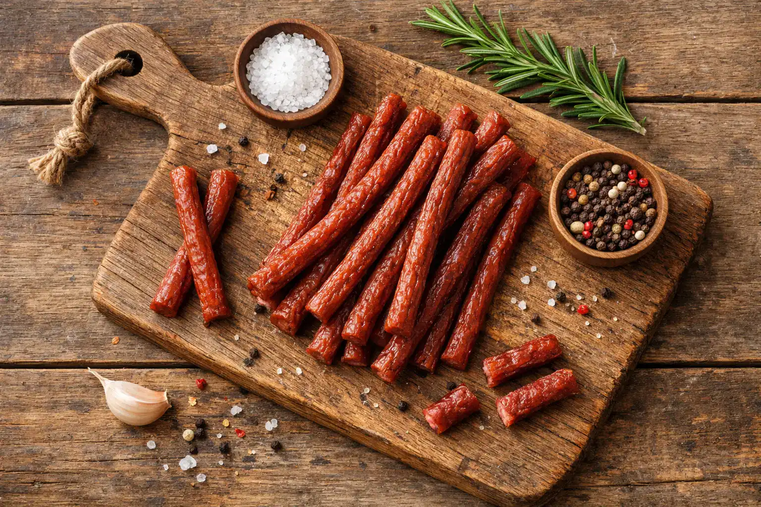 रस्टिक लकड़ी की टेबल पर फ्रेश बीफ स्नैक स्टिक्स - प्रति स्टिक 80 कैलोरी