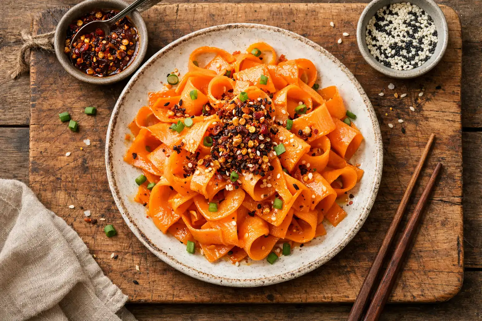 रस्टिक लकड़ी की टेबल पर ताजा गाजर रिबन सलाद - प्रति सर्विंग 120 कैलोरी