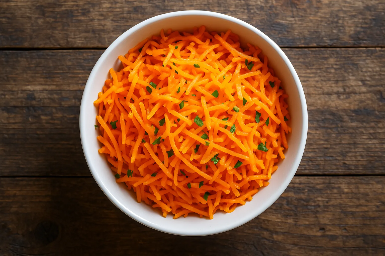 Salade de carottes fraîches sur table en bois rustique - 41 calories par tasse