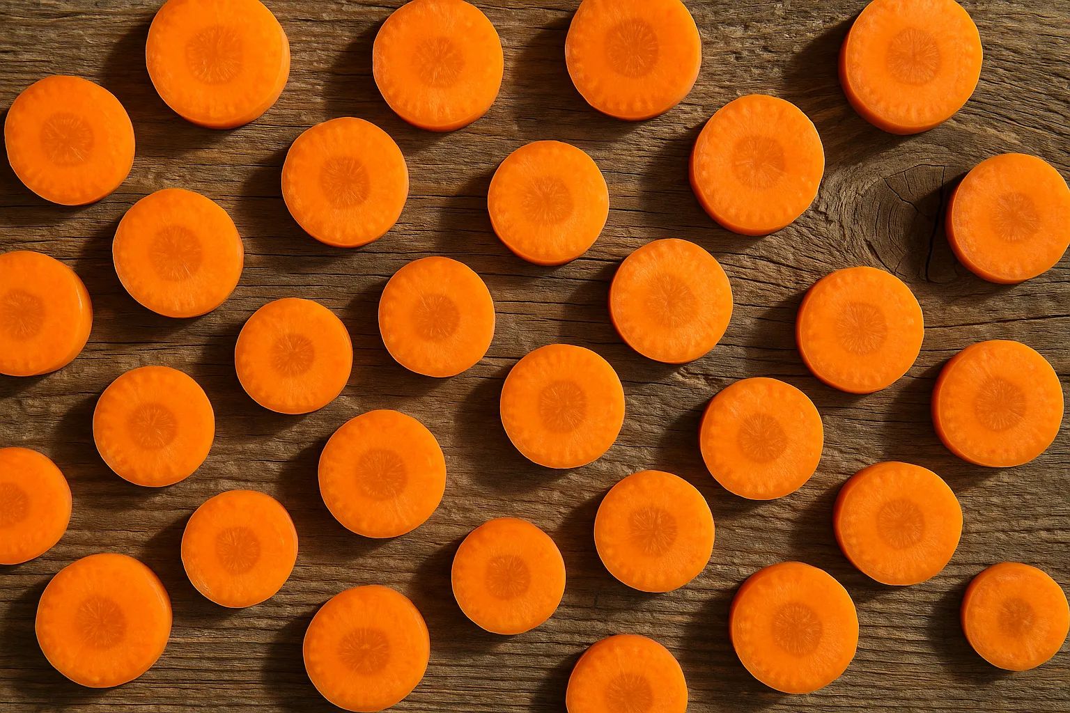 Frische Karottenscheiben auf rustikalem Holztisch - 41 Kalorien pro 100 g