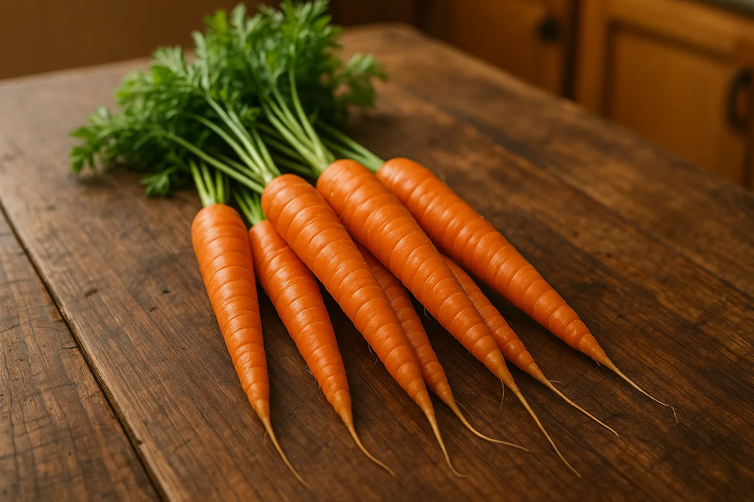Fresh carrots on rustic wooden table - 25 calories per medium carrot