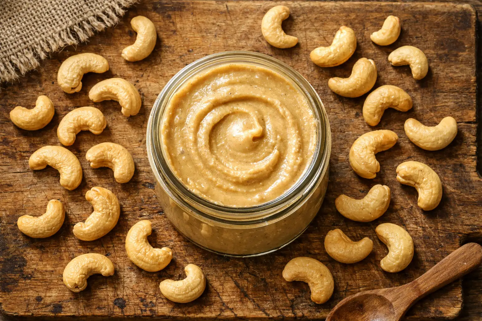 रस्टिक वुडन टेबल पर ग्लास जार में फ्रेश काजू बटर - प्रति 2 टेबलस्पून 188 कैलोरी