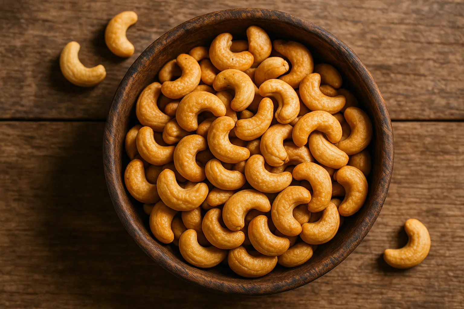 Frische Cashewnüsse auf rustikalem Holztisch - 157 Kalorien pro Unze