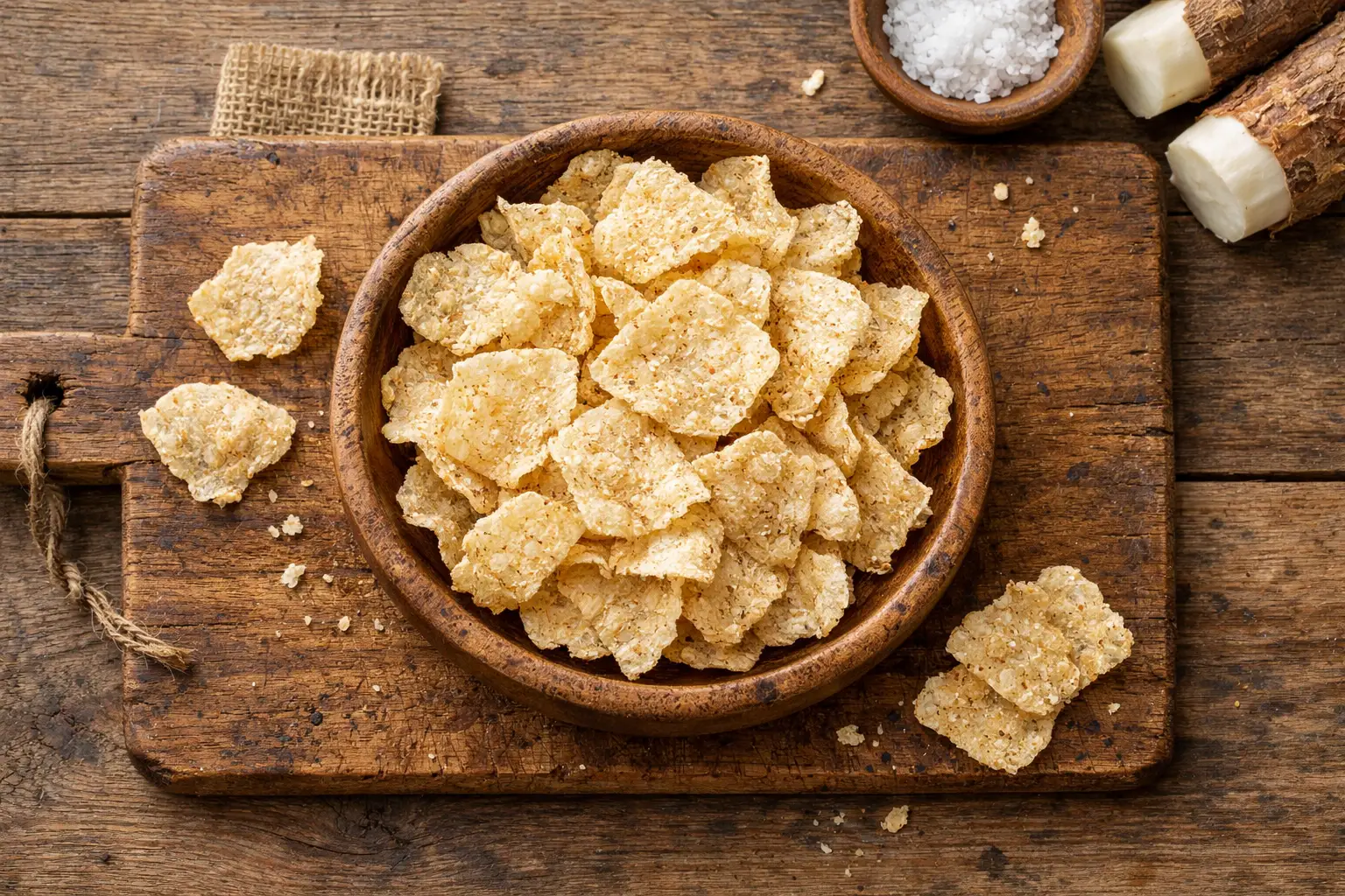 Chips de manioc riches en fibres dans un bol en bois - 130 calories par portion de 28g