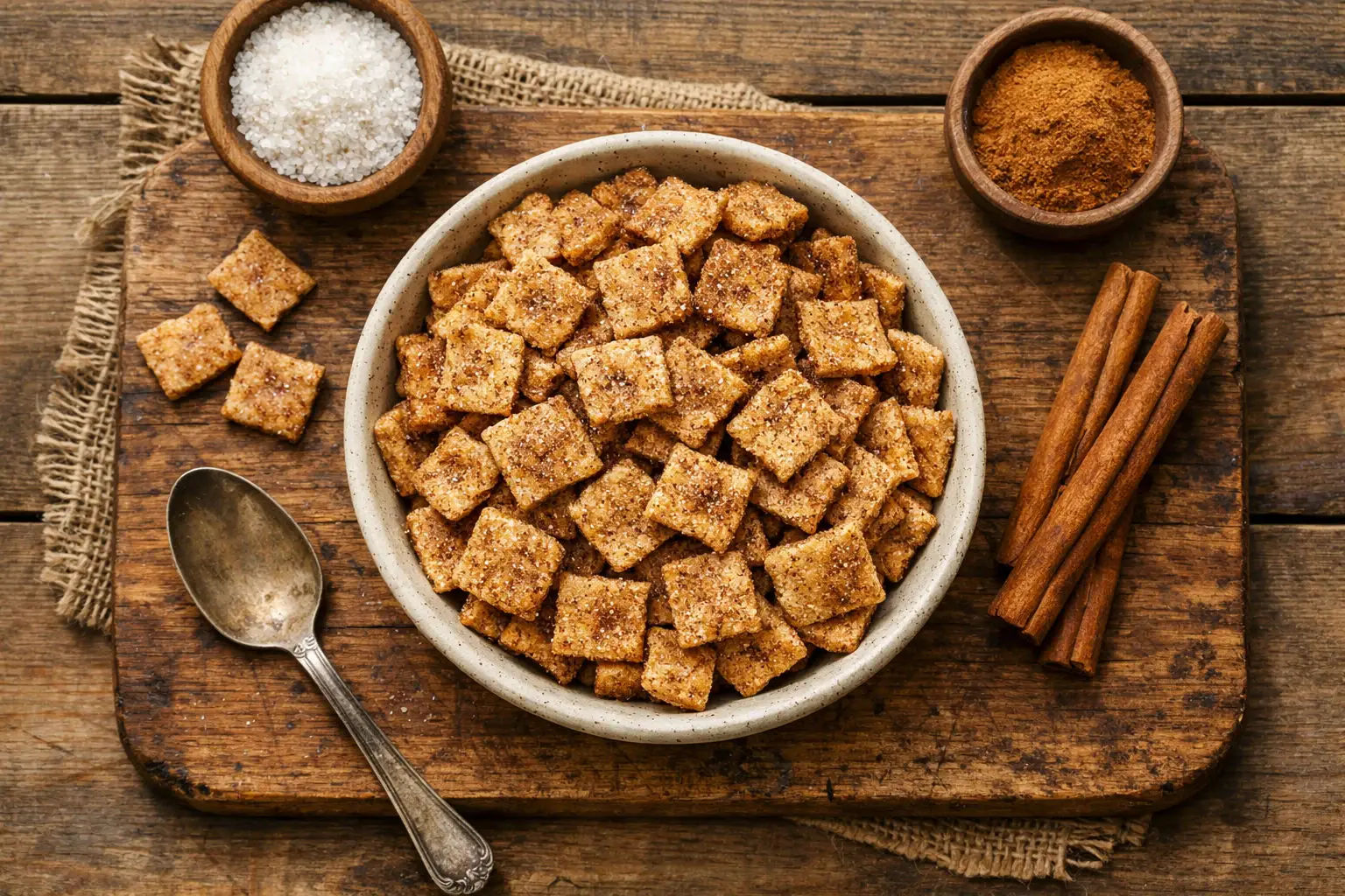 Fresh Catalina Crunch Keto Cereal on rustic wooden table - 110 calories per serving