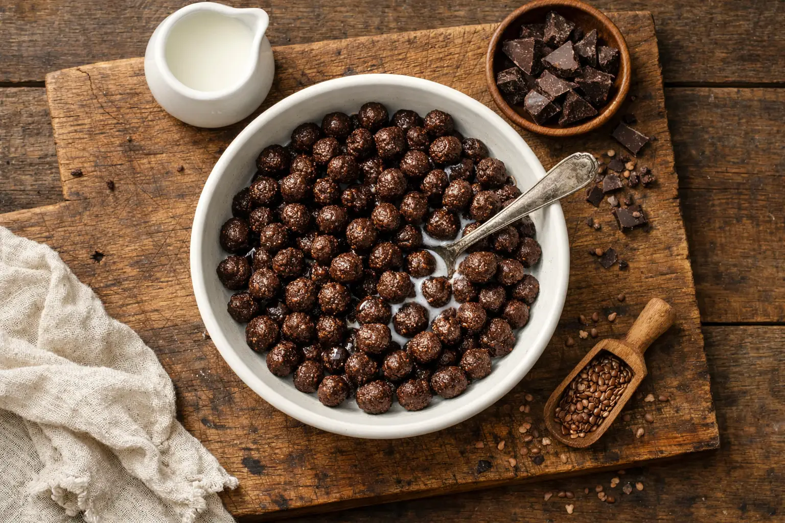 Zartbitter-Keto-Müsli in weißer Keramikschüssel - 110 Kalorien pro Portion