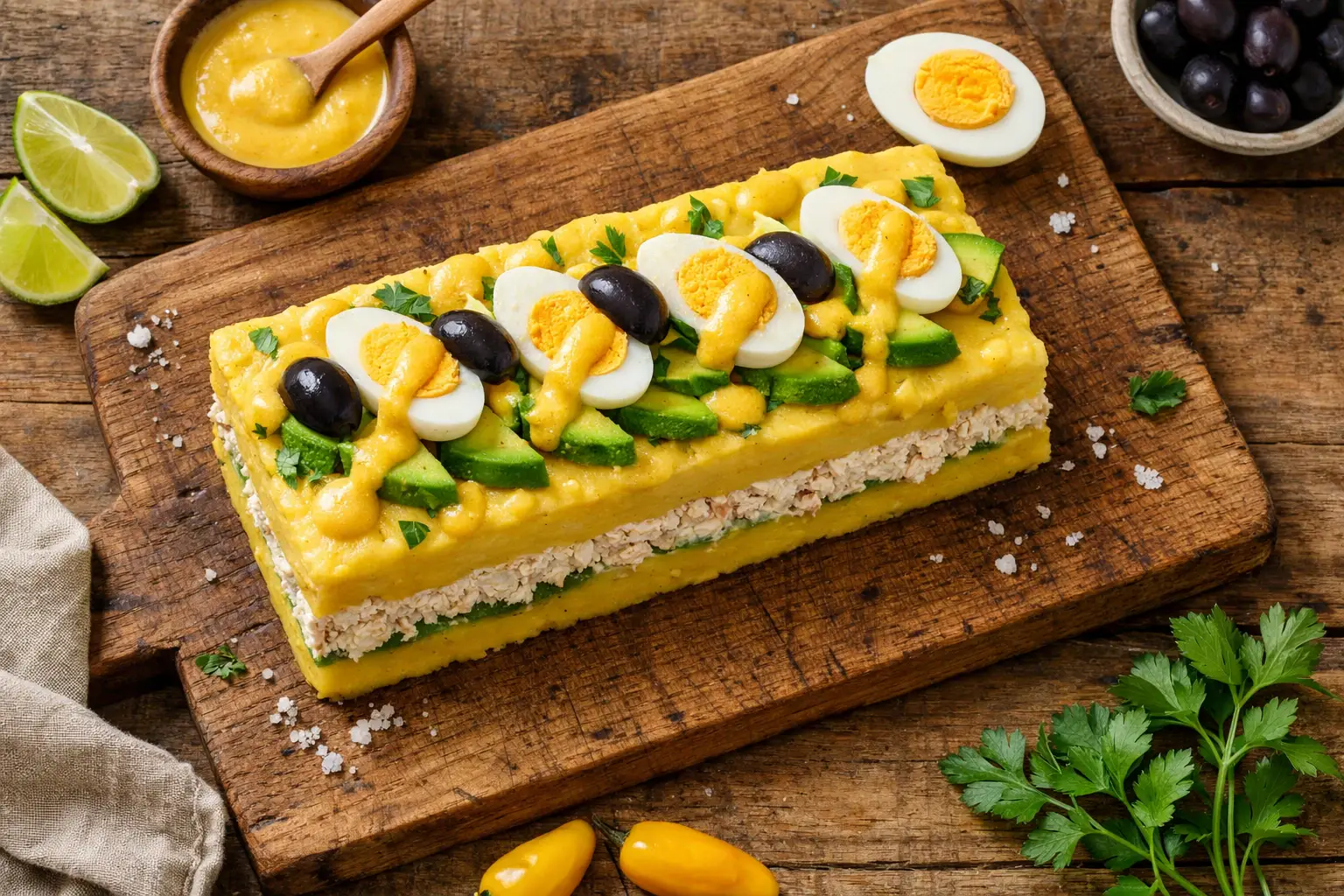 Frische Causa Limeña auf rustikalem Holztisch - 350 Kalorien pro Portion