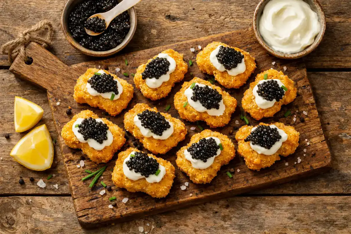 Fresh caviar on chicken nuggets on rustic wooden table - 280 calories per serving
