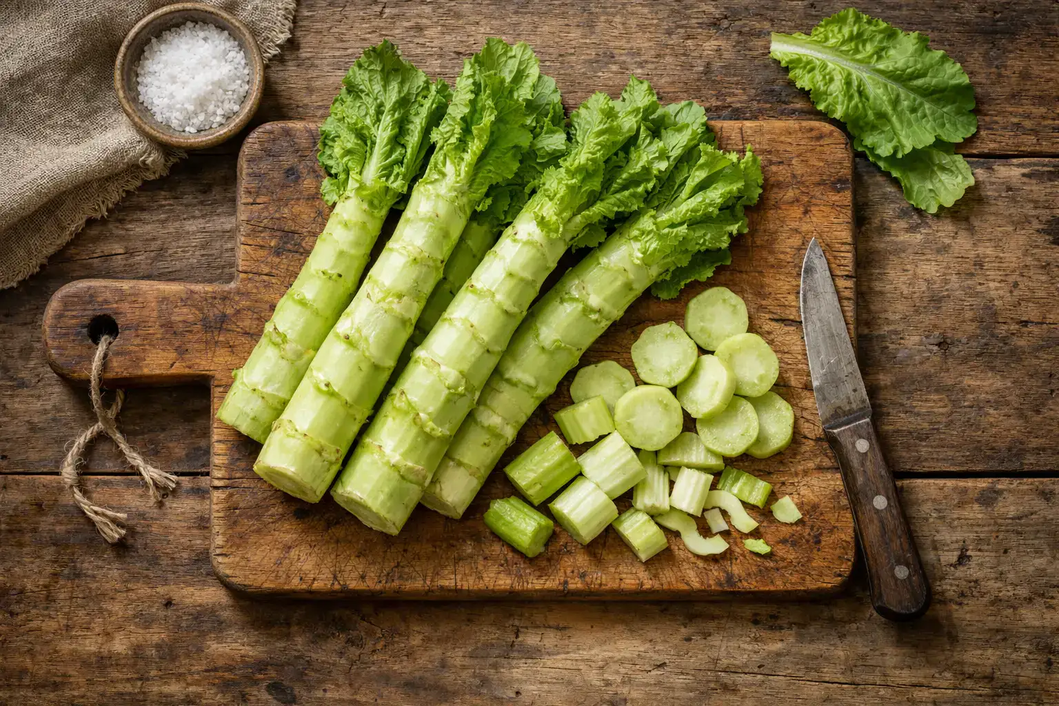Fresh celtuce stem lettuce on rustic wooden table - 18 calories per 100g