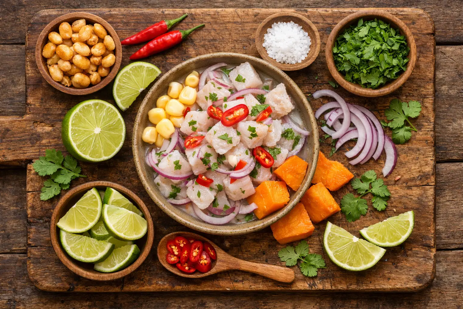 Ceviche peruano fresco en mesa de madera rústica - 158 calorías por taza