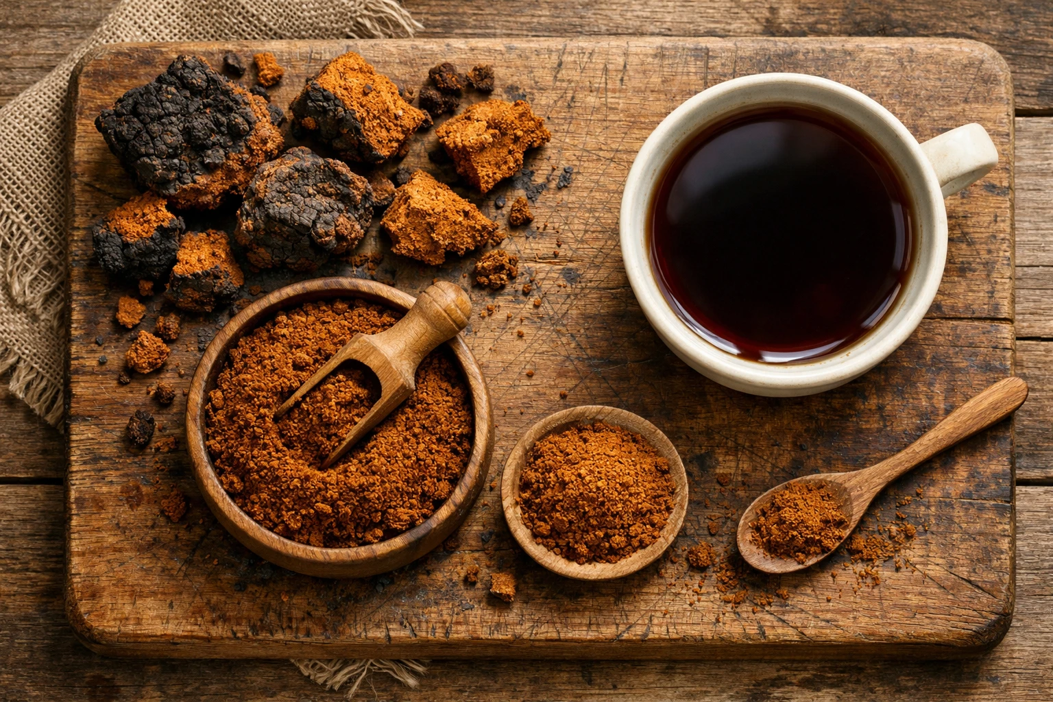 Chaga mushroom chunks aur powder brewed chai ke saath - 5 calories per cup