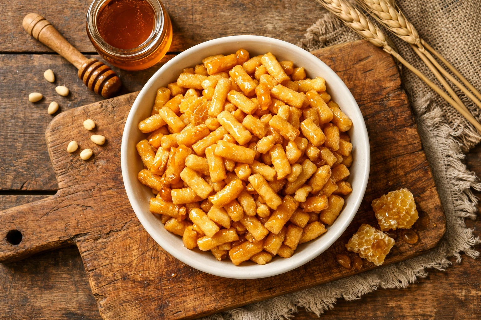 Fresh chak-chak on rustic wooden table - 420 calories per 100g