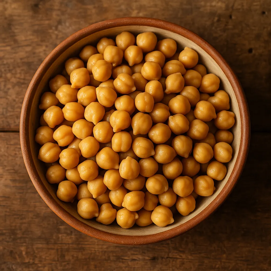 Fresh cooked chickpeas in a ceramic bowl - 164 calories per 100g