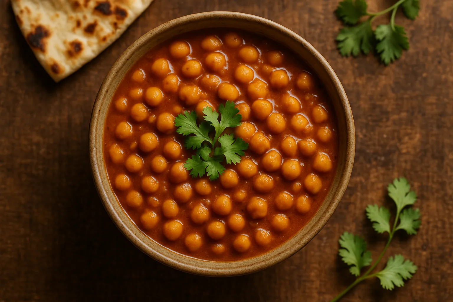 Chana masala fresco en mesa de madera rústica - 240 calorías por taza