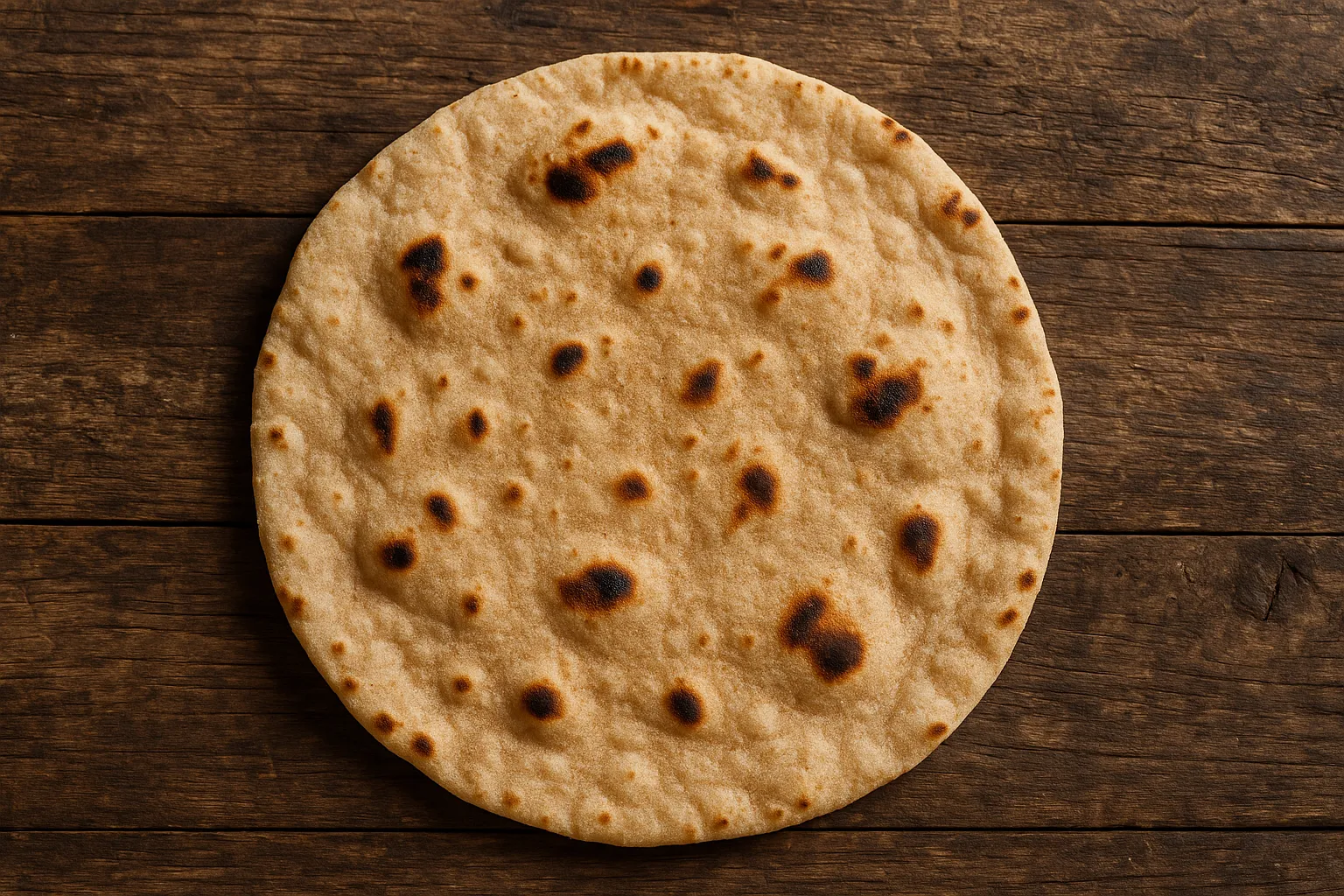 Fresh whole wheat chapati roti on rustic wooden table - 120 calories per medium roti