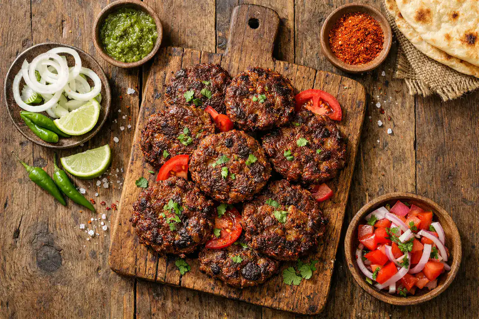 Frischer Chapli Kebab auf rustikalem Holztisch - 190 Kalorien pro Portion