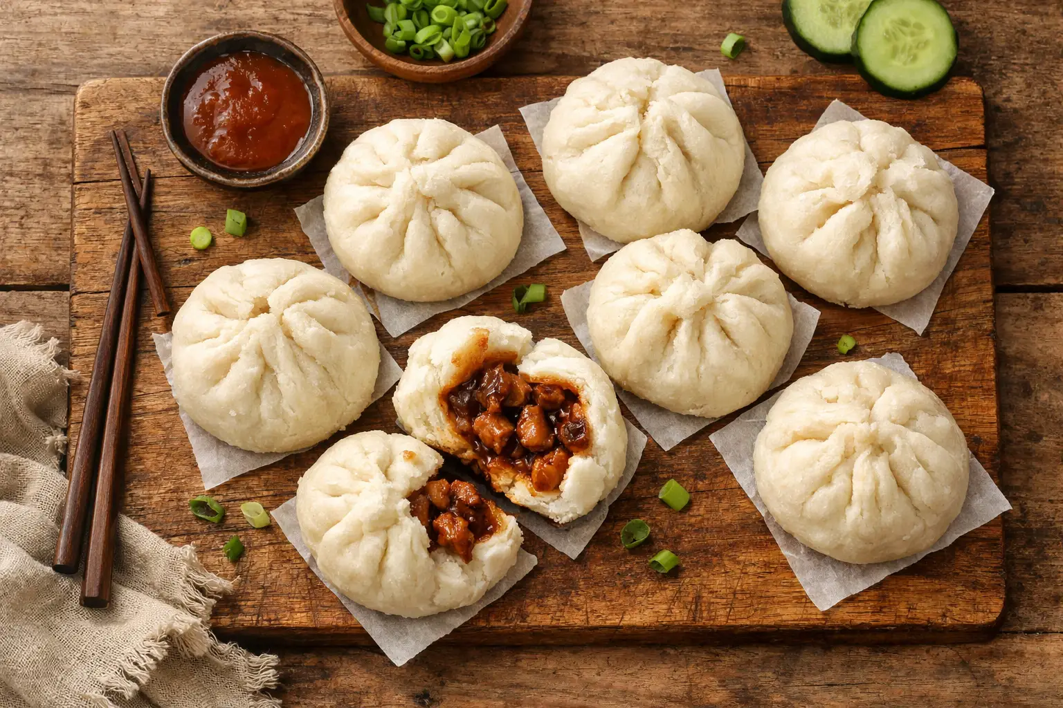 Char siu bao frais sur table en bois rustique - 180 calories par petit pain