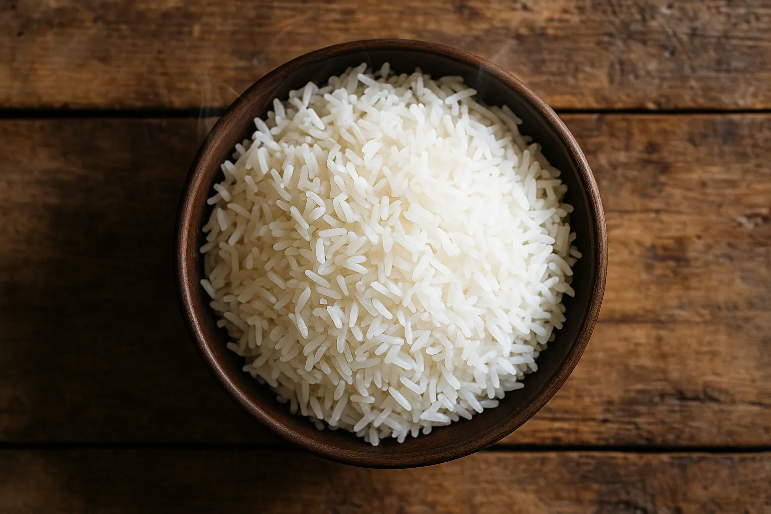 Riz blanc chawal frais sur table en bois rustique - 130 calories par 100g cuit