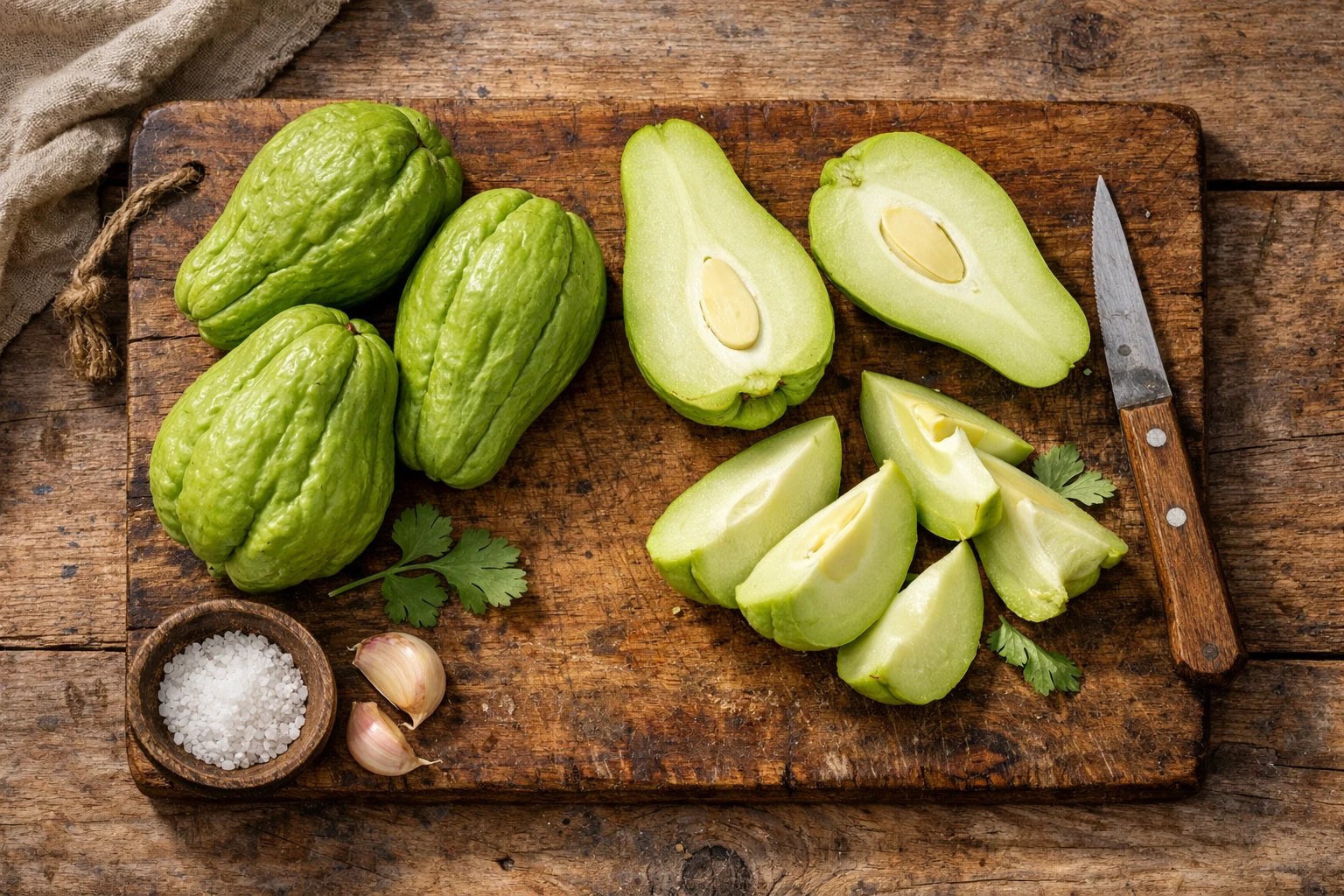 Chayote fresco en mesa de madera rústica - 19 calorías por 100 g