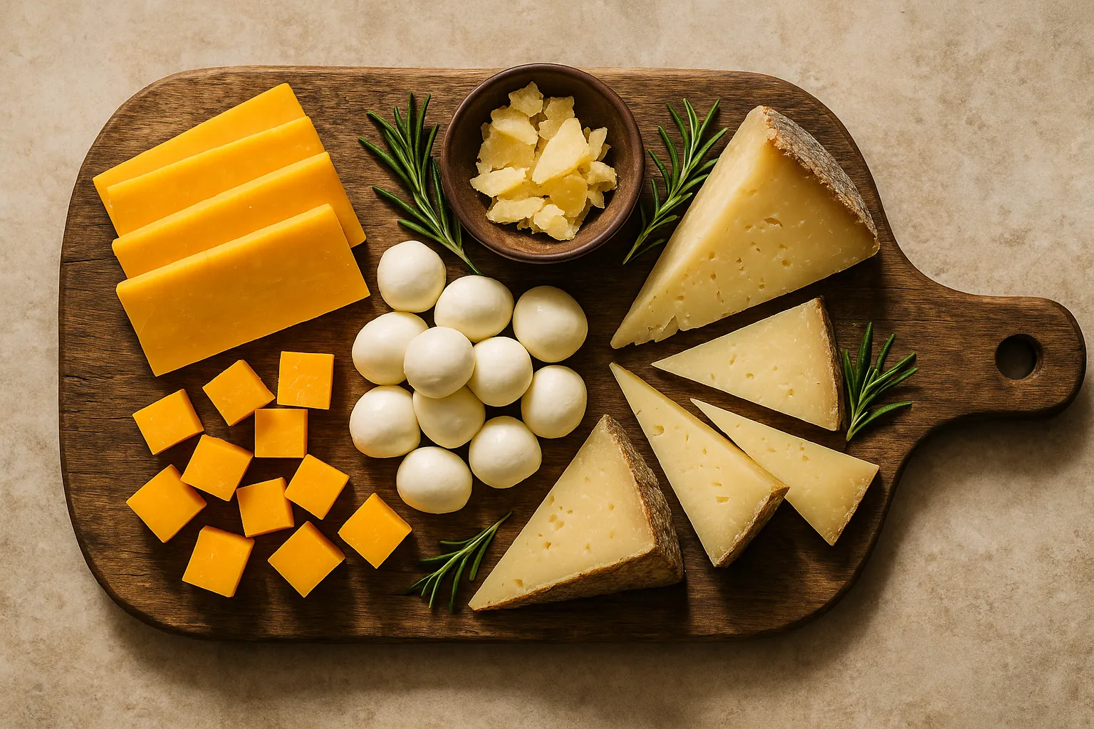 Tabla de quesos artesanales con cheddar, mozzarella y variedades de queso curado en tabla de madera rústica