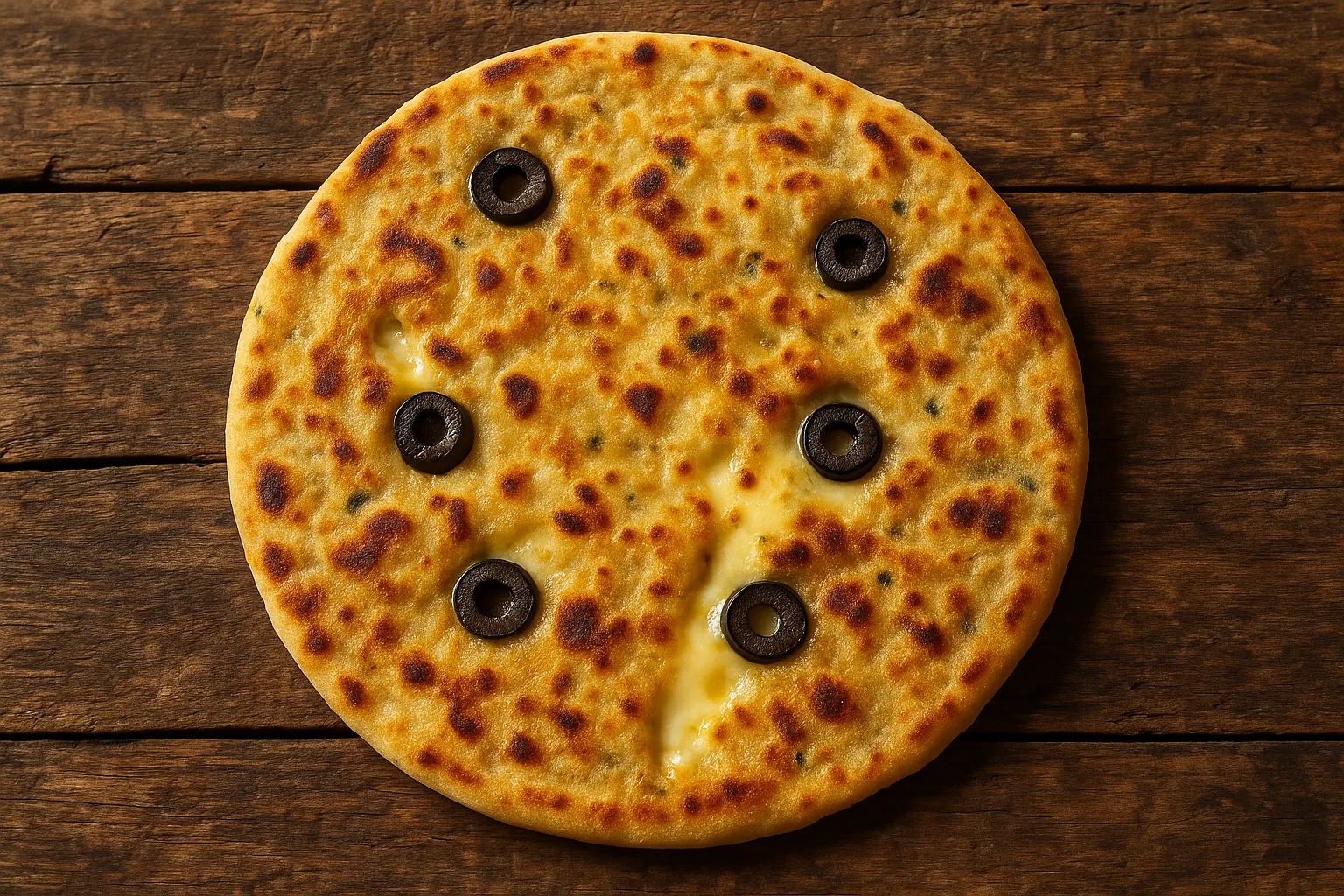 Paratha rellena de queso y aceitunas fresca sobre mesa de madera rústica - 258 calorías por pieza