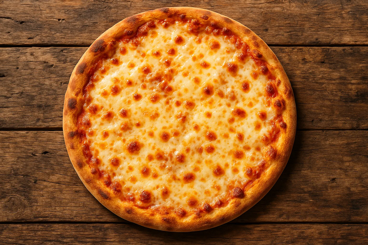 Fresh cheese pizza on rustic wooden table - 266 calories per 100g