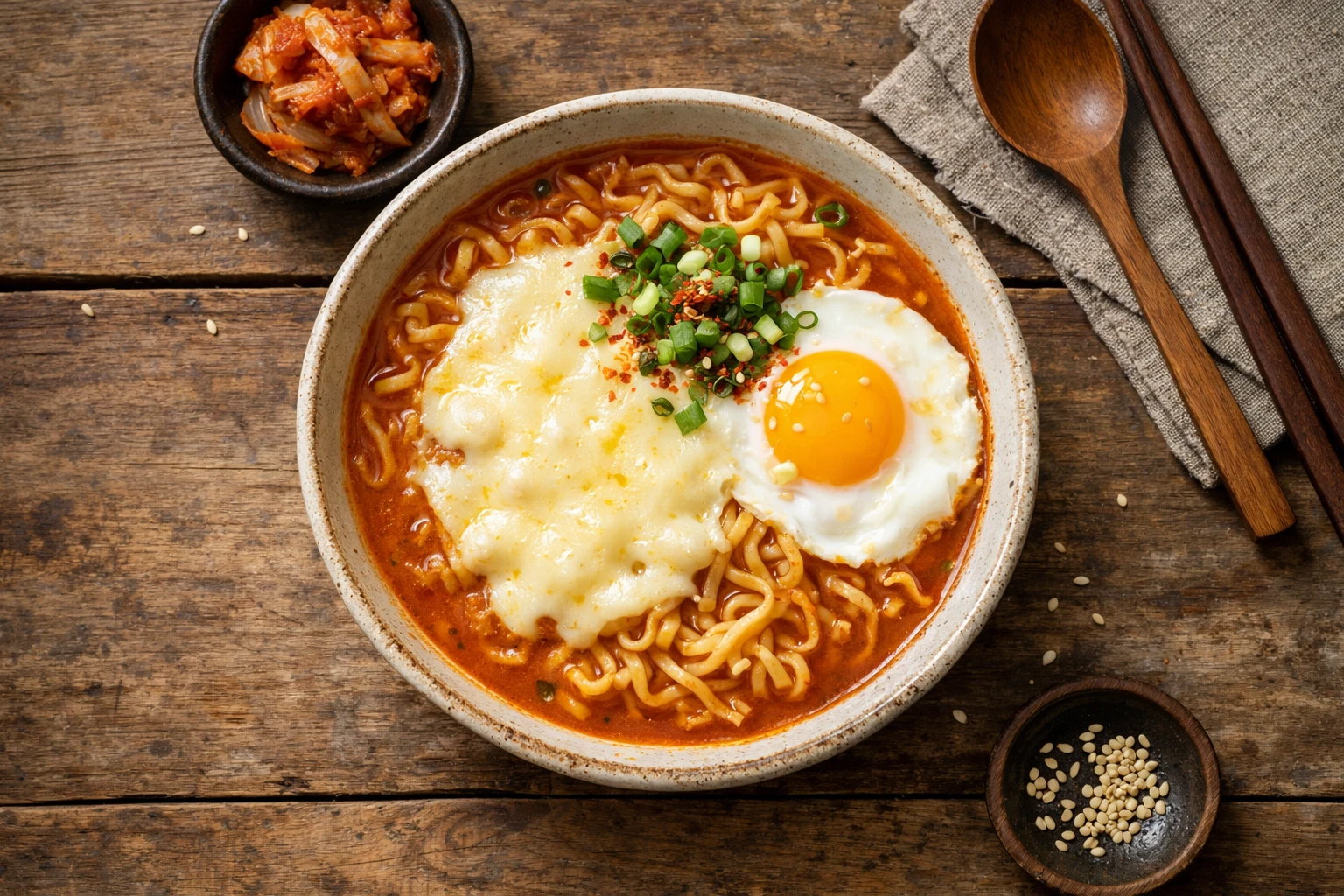 Cheese ramen upgrade fresco en mesa de madera rústica - 550 calorías por porción