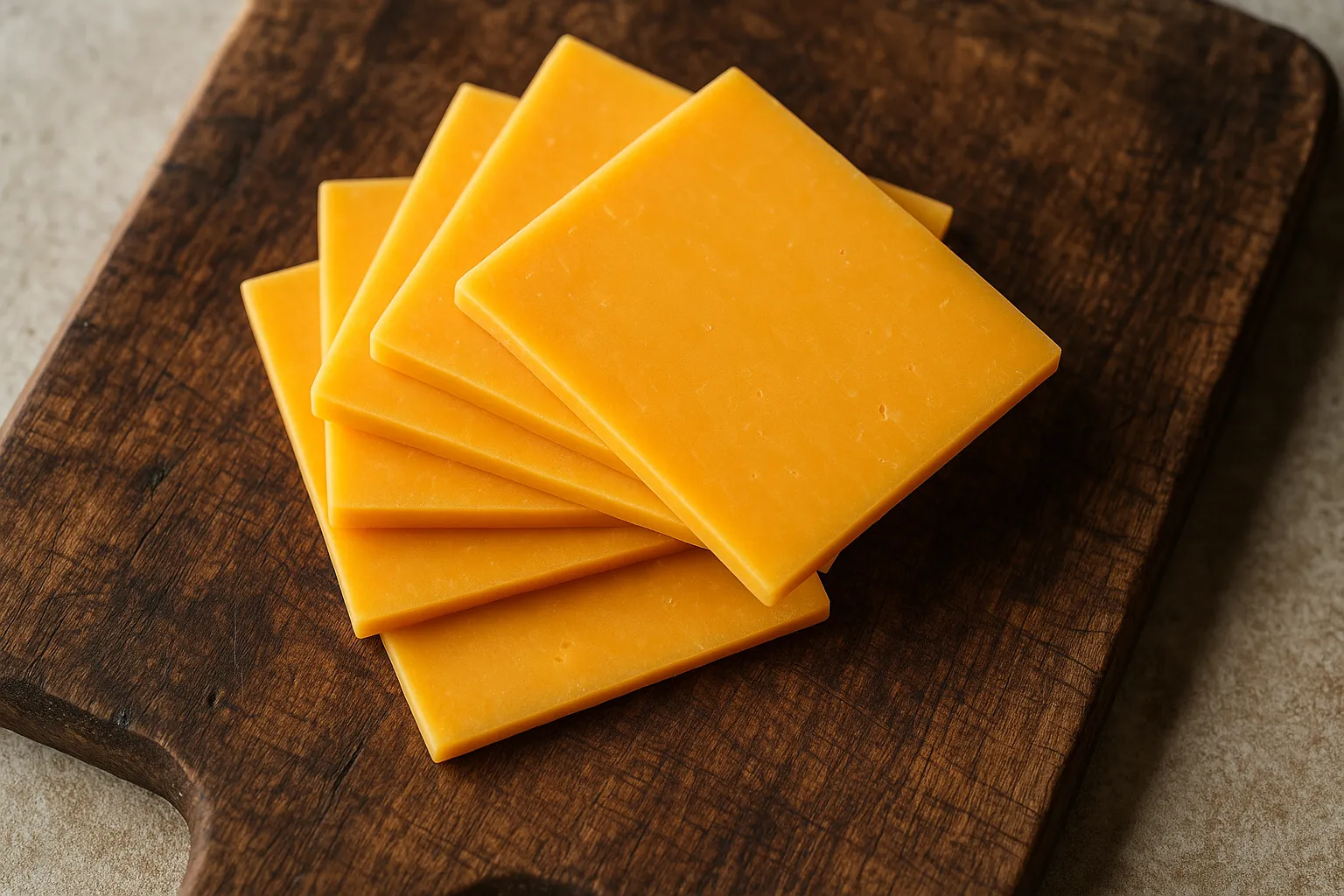 Fresh cheese slice on rustic wooden board - 113 calories per slice
