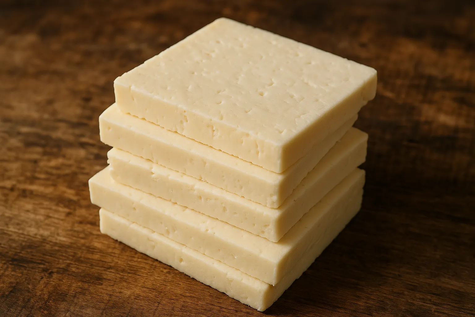 Fresh Käsescheiben stacked on rustic wooden table - 80 calories per slice