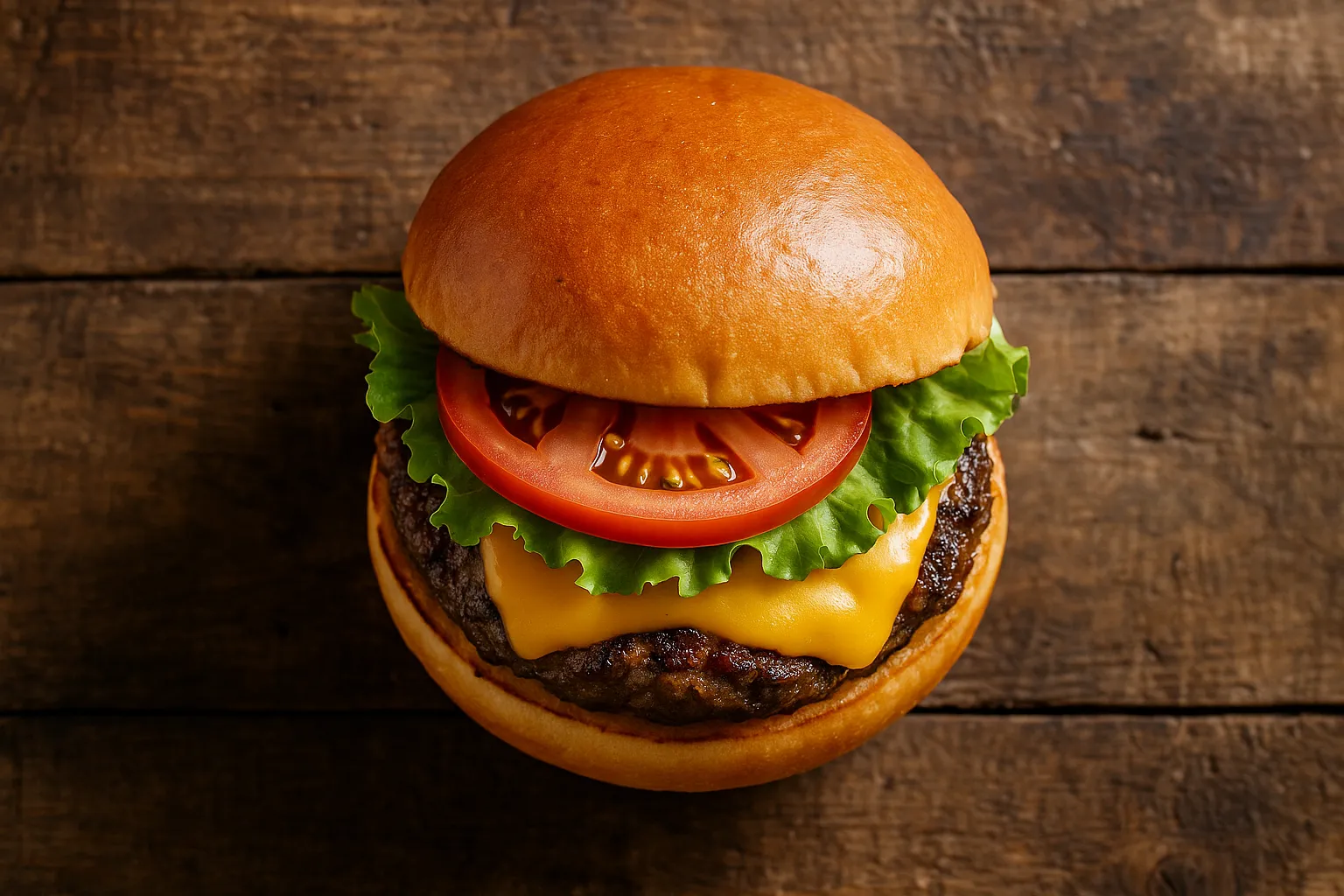 Fresh cheeseburger on rustic wooden table - 300 calories per single patty
